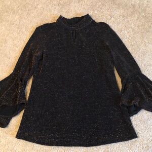 Peter Nygard Black gold shimmer bell top key hole blouse long sleeve small